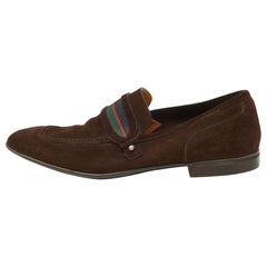 Gucci Brown Suede Web Slip On Loafers Size 41 