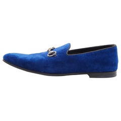 Gucci Blue Velvet Horsebit Slip On Loafers Size 42