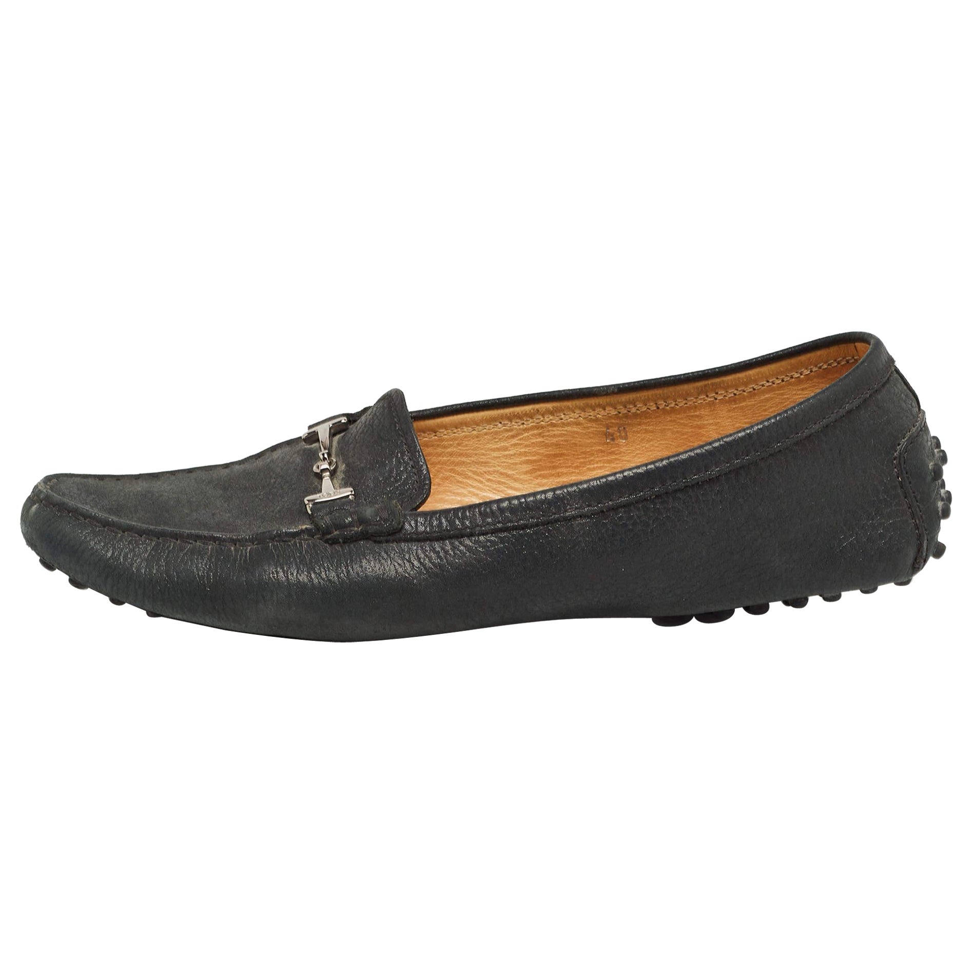 Tod's Black Textured Nubuck Leather Buckle Loafers Size 40 For Sale