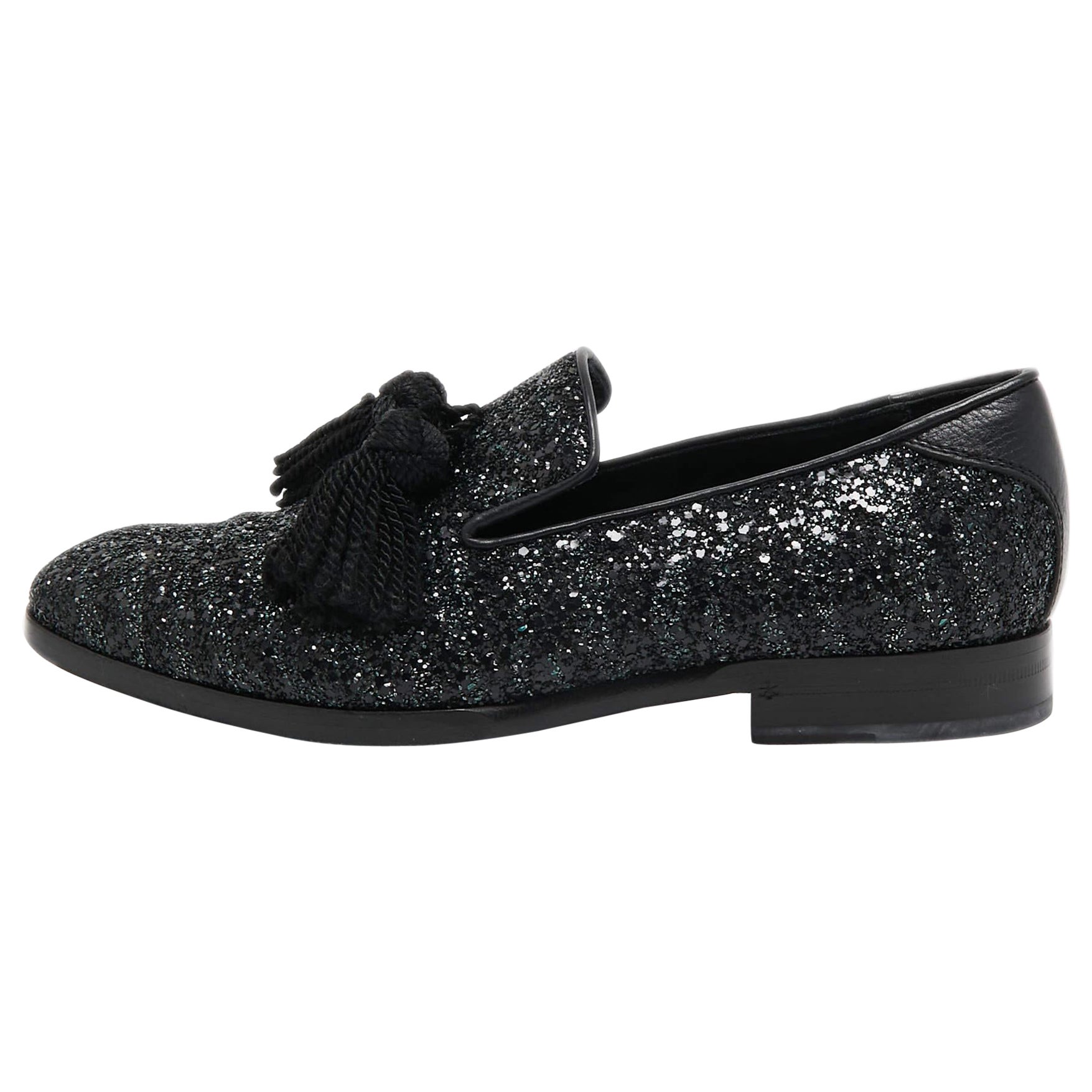 Jimmy Choo Black Coarse Glitter Foxley Smoking Slippers Size 39 For Sale