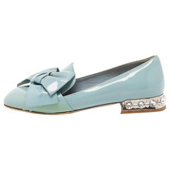 Miu Miu Blue Patent Leather Crystal Embellished  Bow Smoking Slippers Size 35