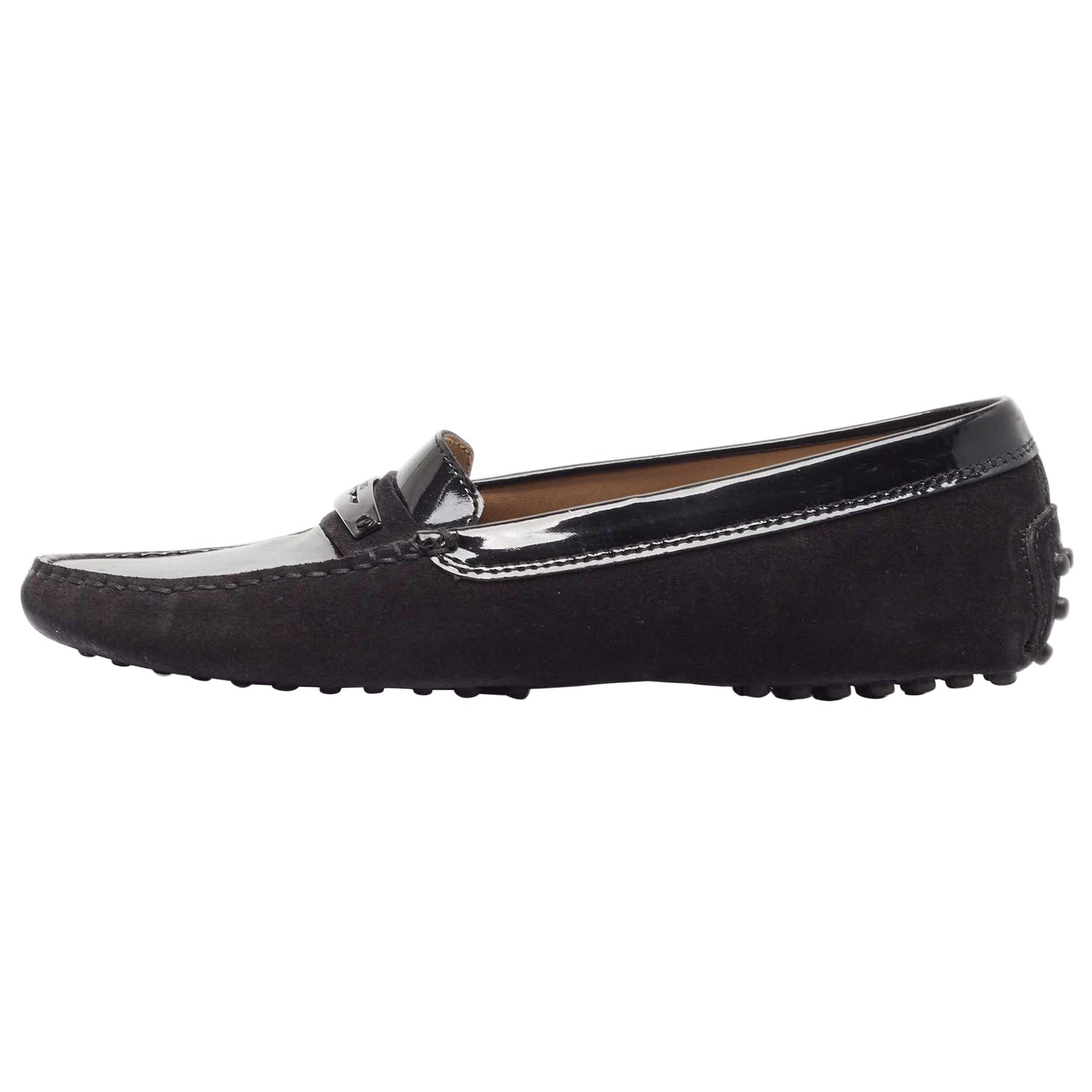 Tod's Black Suede and Patent Leather Loafers Size 36.5 For Sale