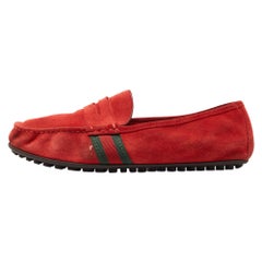 Gucci Red Suede Web Trim Penny Loafers Size 40.5