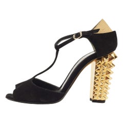Fendi Black/Gold Suede And Embossed Leather Studded Heel T-Strap Sandals Size 38