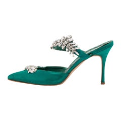 Manolo Blahnik Green Satin Crystal Embellished Lurum Mules Size 37.5