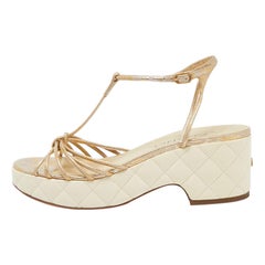 Chanel Cream Leather CC Wedge Sandals Size 37.5