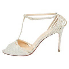 Christian Louboutin Gold Glitter Peep Toe T-Bar Ankle Strap Sandals Size 39