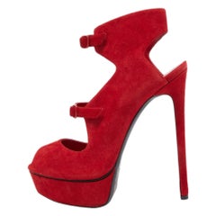 Casadei Red Suede Buckle Detail Platform Peep Toe Sandals Size 40