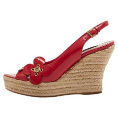 Louis Vuitton Red Patent Leather Slingback Wadge  Espadrille Sandals Size 36.5