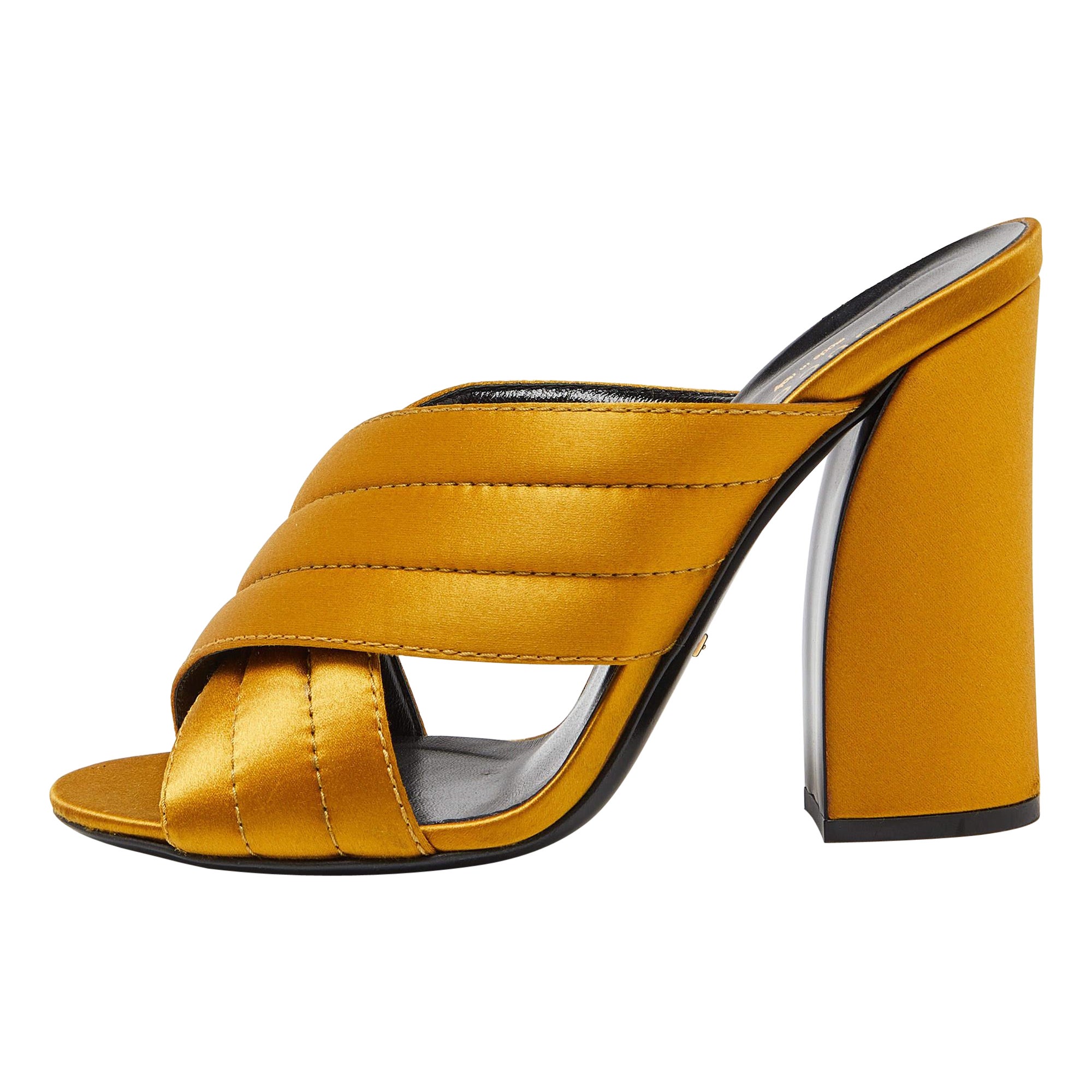 Gucci Gold Satin Webby Cross Strap Slide Sandals Size 39.5