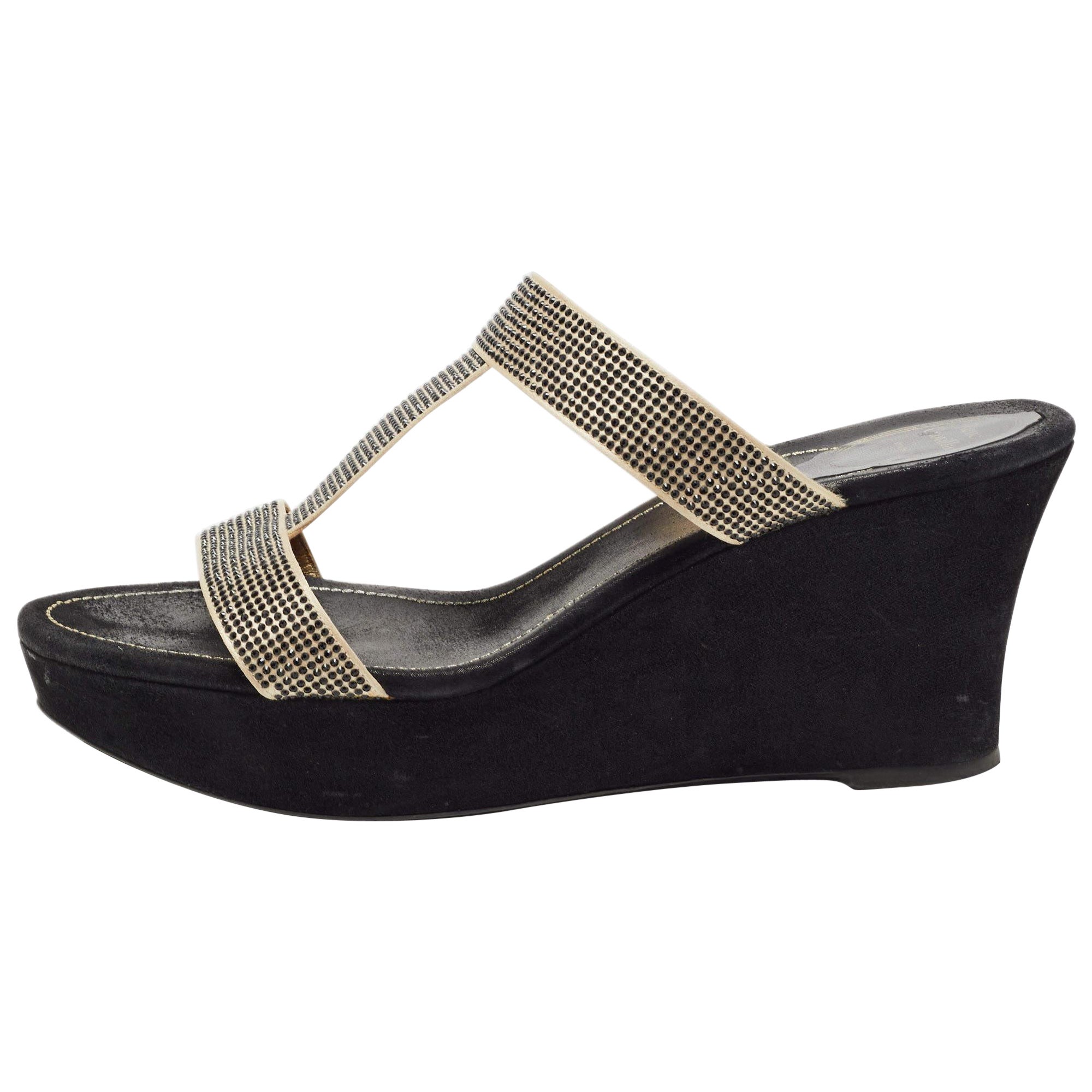 René Caovilla Gold/Black Crystal Embellished Satin Platform  Slide Sandals For Sale