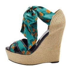 Gucci Multicolor Printed Fabric and Patent Espadrille Ankle Wrap Sandals Size 41