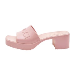 Gucci Pink Rubber Embossed Logo Block Heel Slide Sandals Size 39