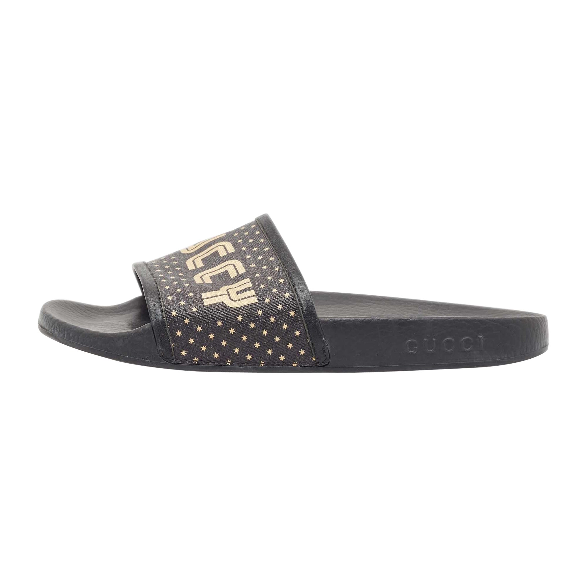 Gucci Black Leather and Canvas Guccy Flat Slides Size 40