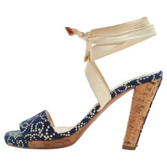 Chanel Navy Blue/White Denim Ankle Wrap Sandals Size 40