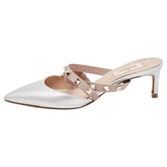 Valentino Silver/Beige Leather Rockstud Mules Size 37