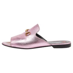 Gucci Pink Leather Horsebit Open Toe Flat Slides Size 38