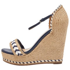 Gucci Beige/Blue Jute and Leather Crystal Espadrille Wedge Sandals Size 39.5