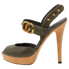 Gucci Olive Green Leather And Suede Platform Ankle Strap Sandals Size 35.5