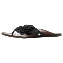 Chanel Black Metallic Suede Camellia Thong Sandals Size 35