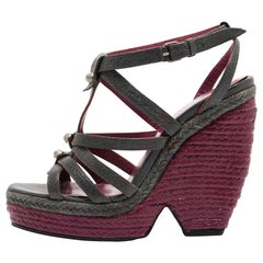 Balenciaga Grey Leather Ankle Strap Wedge Sandals Size 38