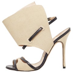 Manolo Blahnik Beige/Black Canvas and Leather Ankle Strap Sandals Size 37.5