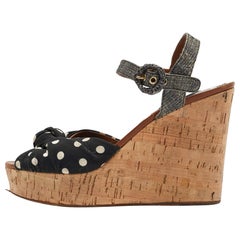 Dolce & Gabbana Schwarz/graue geknüpfte gepunktete Stoffsandalen und Raffia-Korksandalen