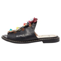 Fendi Black Leather Flowerland Slide Sandals Size 36