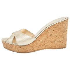 Jimmy Choo Gold Textured Leather Prima Wedge Sandals Size 38.5