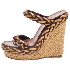 Christian Louboutin Brown/Gold Braided Leather & Suede Espadrille Wedge Size 35