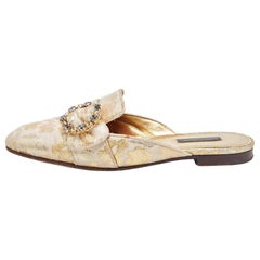 Dolce & Gabbana Gold Brocade Fabric Logo Slide Mules Size 36.5