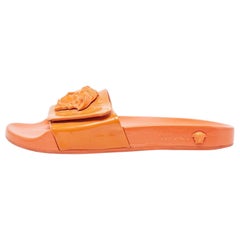Versace Orange Patent Leather Medusa Flat Slides Size 41