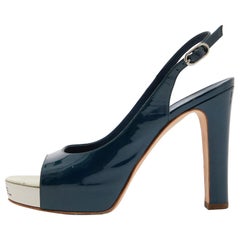 Chanel Teal Green Patent Leather Open Toe Platform Slingback Sandals Size 38