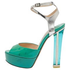 Jimmy Choo Green/Silver Leather Lolita Platform Sandals Size 38.5