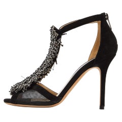 Jimmy Choo Black Suede and Mesh Beaded Embellished Sandals Size 38