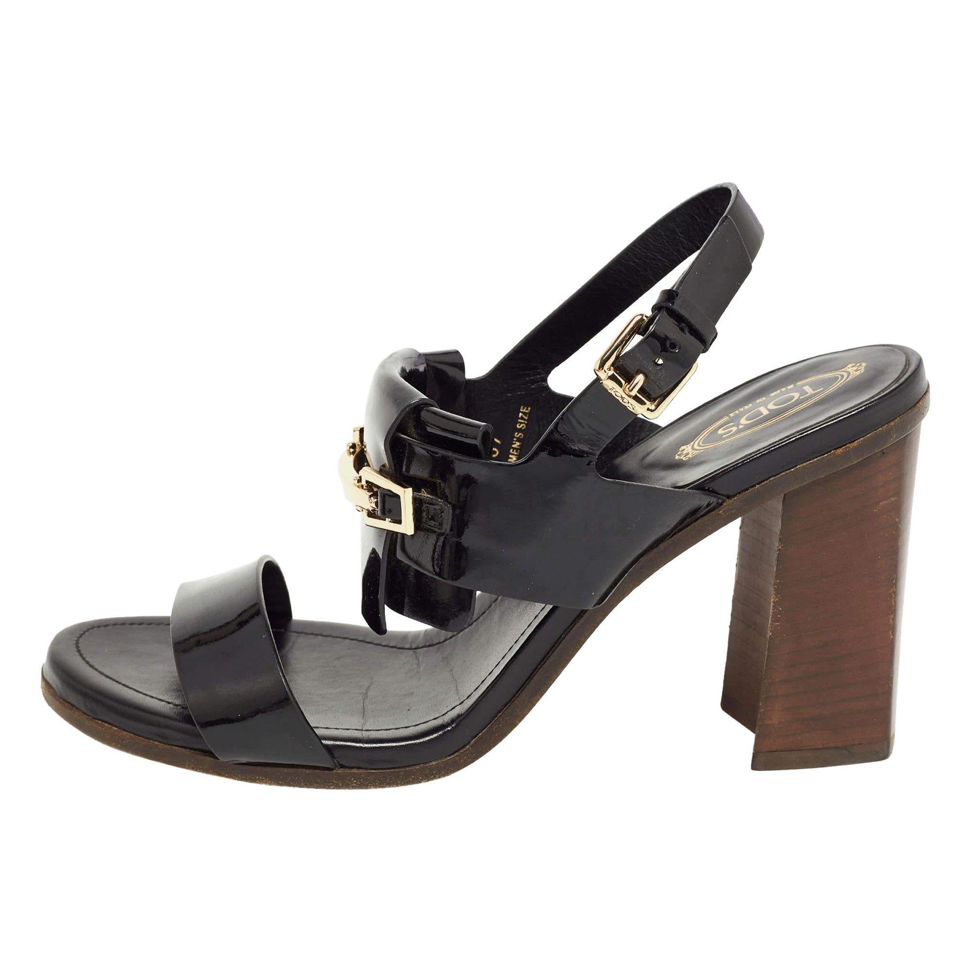Tod's Black Patent Leather Buckle Slingback Sandals Size 37 For Sale