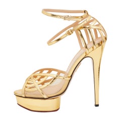Charlotte Olympia Metallic Gold Patent Leather and Mesh Ankle Strap Sandals