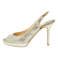 Jimmy Choo Gold Glitter & Lurex Fabric Nova Peep Toe Slingback Sandals Size 37.5