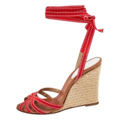 Christian Louboutin Red Fabric Wedge Espadrille Ankle Wrap Sandals Size 37