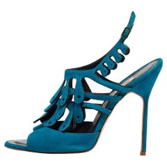 Manolo Blahnik Blue Suede Toubib Ankle Strap Sandals Size 40