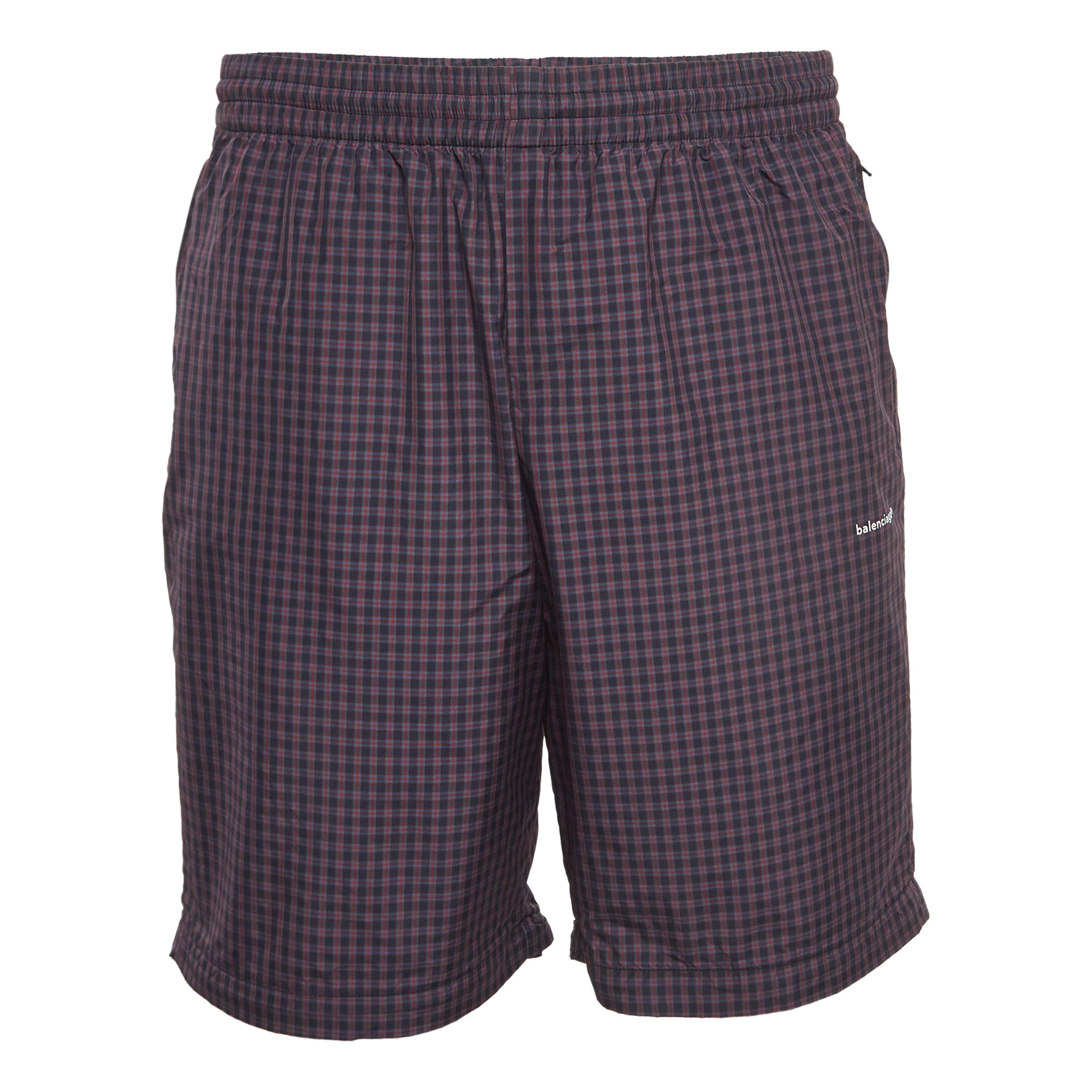 Short Balenciaga bleu marine/rouge à carreaux en nylon, taille M