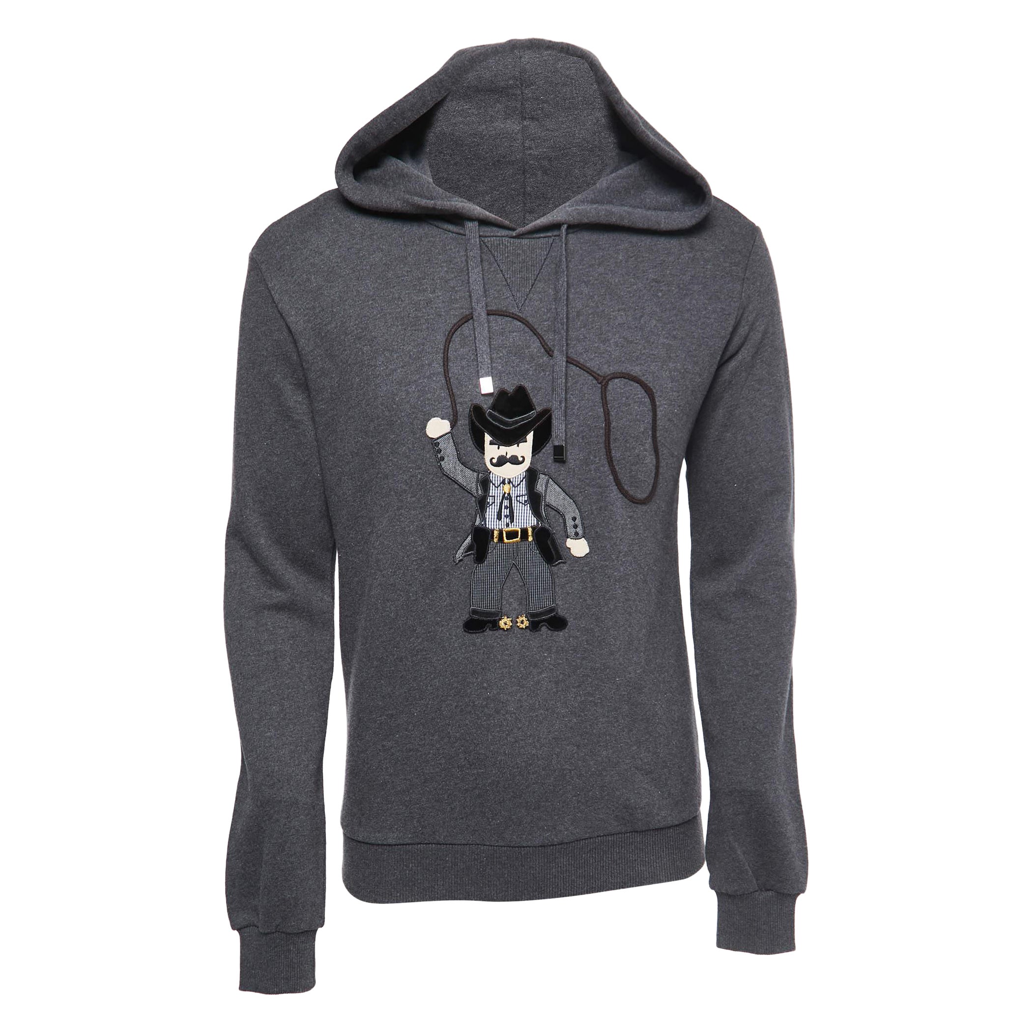 Dolce & Gabbana Grey Cowboy Patch Cotton Hoodie XS For Sale