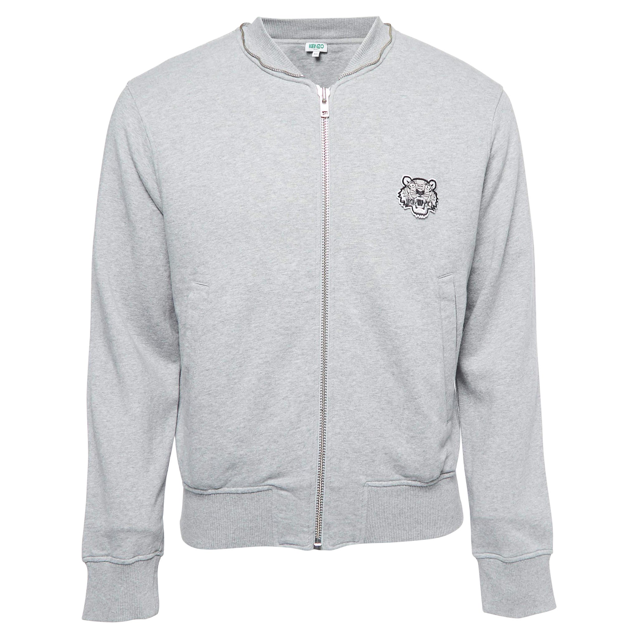 Kenzo Grey Logo Patch Cotton Zip Front Hooded Jacket XS For Sale