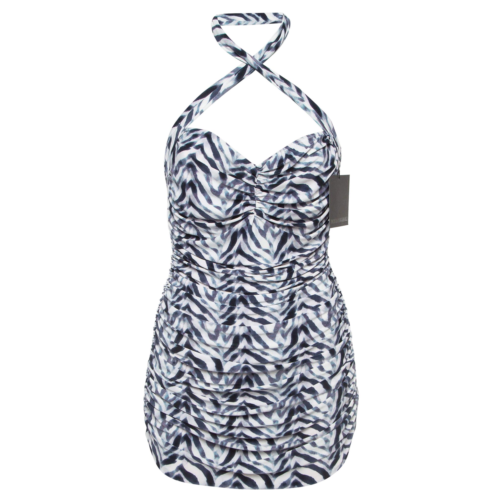 Norma Kamali Bianco/Blu Stampa Zebra Jersey Halter Slinky Marissa Costume da bagno XL in vendita