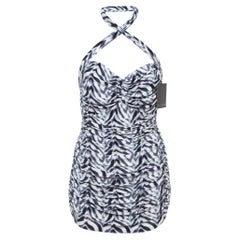 Norma Kamali White/Blue Zebra Print Jersey Halter Slinky Marissa Swimsuit XL