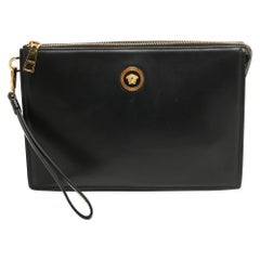 Versace Black Leather Medusa Head Wristlet Clutch