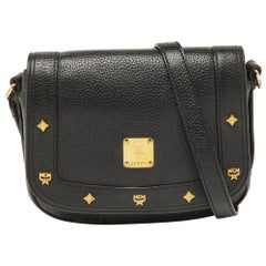 MCM Black Leather Studded Flap Crossbody Bag