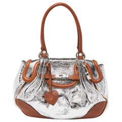 Moschino Metallic Silver/Tan Foil Leather Flap Satchel