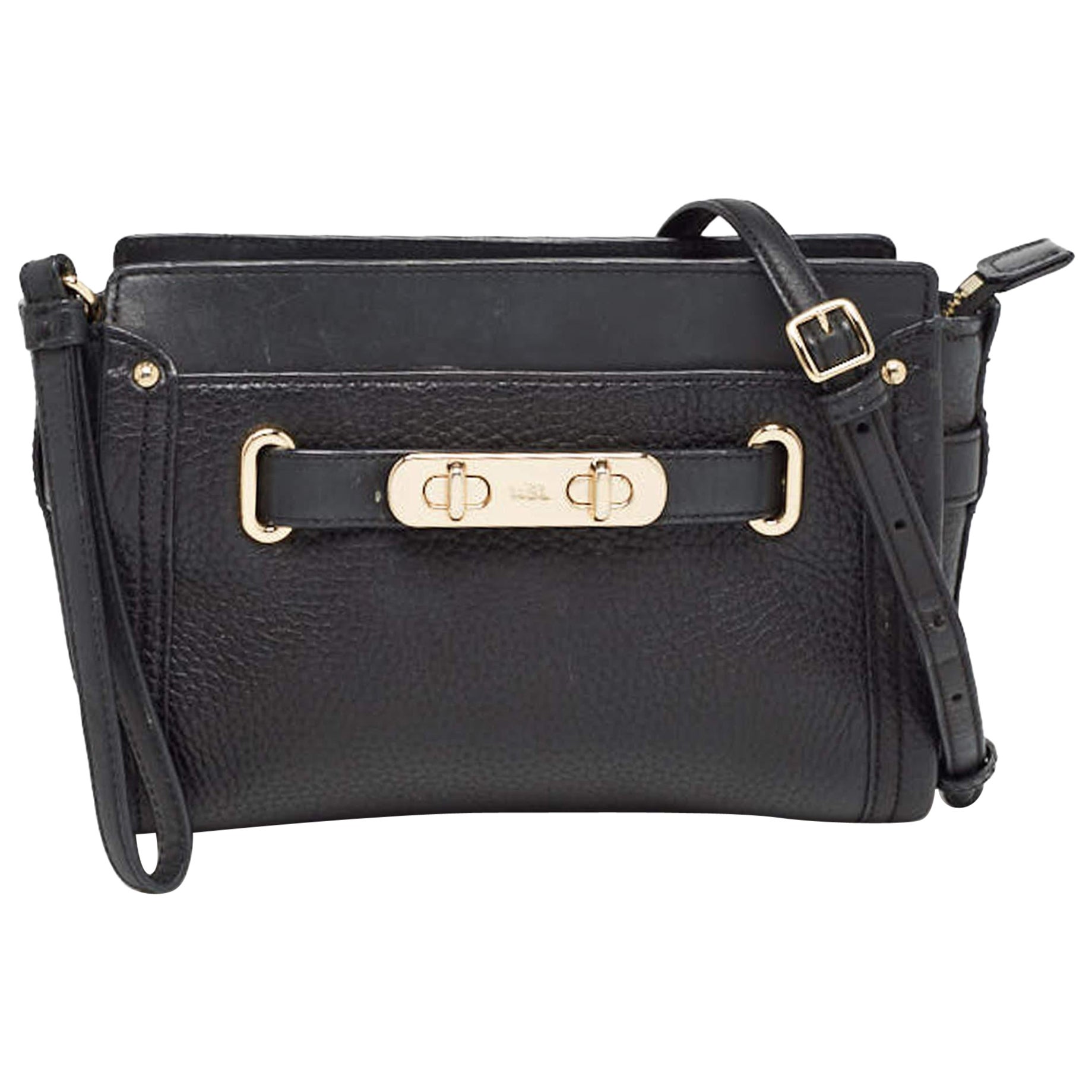 Coach Black Leather Swagger Wristlet Crossbody Bag For Sale