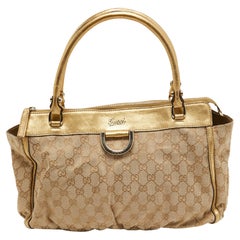 Gucci Gold/Beige GG Canvas and Leather D Ring Tote